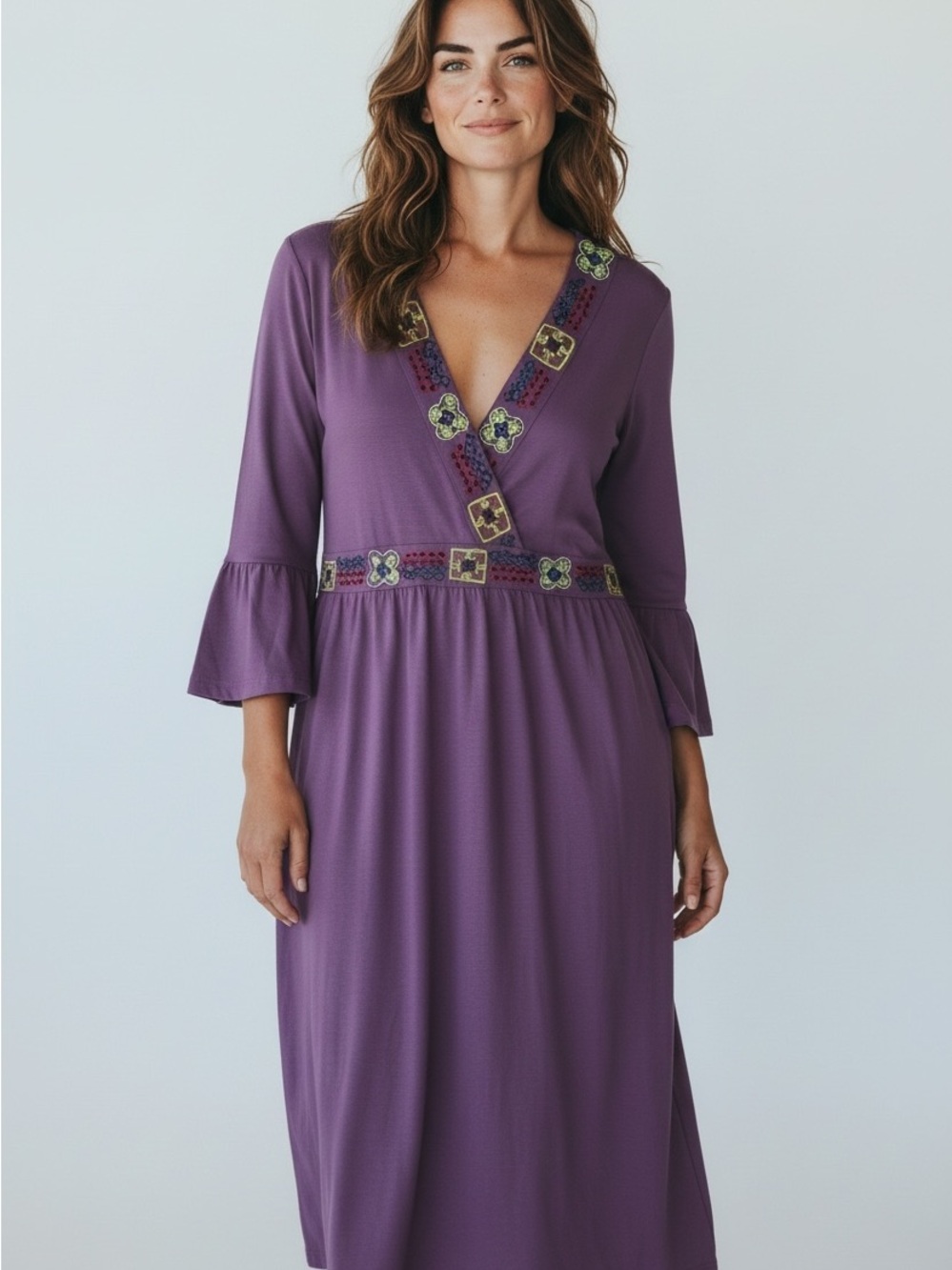 Ulla Popken Plum V-Neck Midi Dress with Embroidered Accents